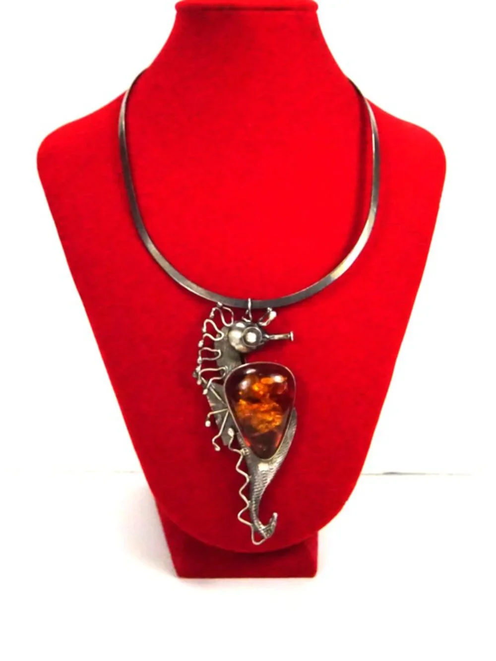 Rare Seahorse Baltic  Amber Sterling  Silver Pendant-Brooch Necklace